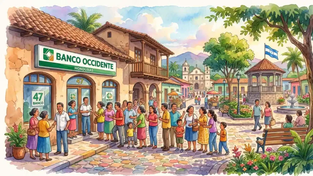 Pintura en acuarela de personas haciendo fila en un banco frente a un parque tradicional en un pueblo de Honduras para el 47 en la diaria.