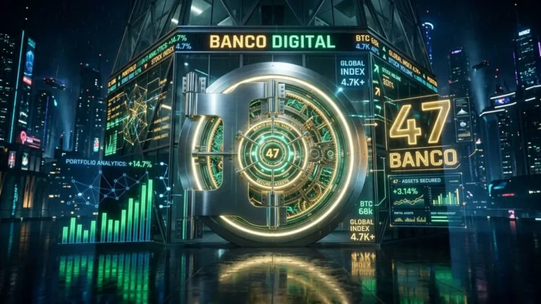 Render 3D de un edificio de banco moderno con bóveda digital y gráficos estadísticos para el número 47 en la diaria Honduras.