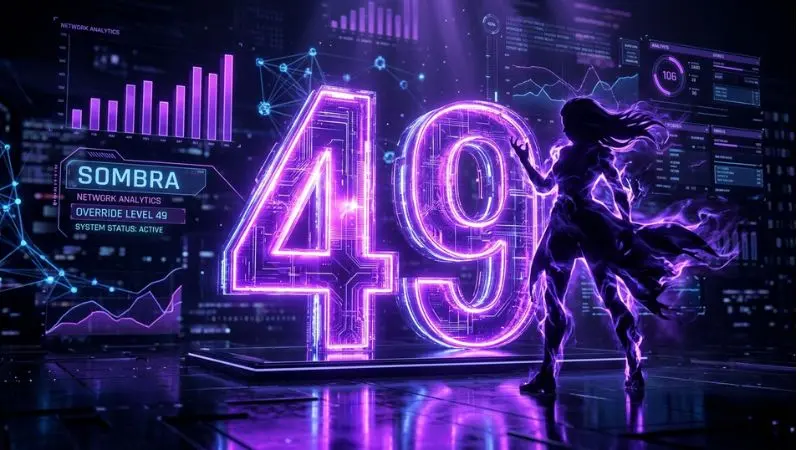 Render cibernético del número 49 en La Diaria con la silueta de Sombra e interfaz de datos gráficos.