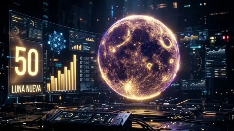 Gráfico digital en 3D del número 50 en la diaria con el símbolo oficial de la Luna Nueva y métricas estadísticas en Honduras.