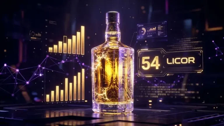 Ilustración digital futurista en 8K del número 54 en la diaria con el símbolo oficial del Licor y gráficos estadísticos.