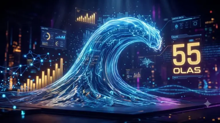 Un render cinemático detallado en 8K de una ola de agua digital que forma el número 55, rodeado de gráficos de datos flotantes en un entorno ciberpunk oscuro. Representación del 55 Olas en La Diaria.