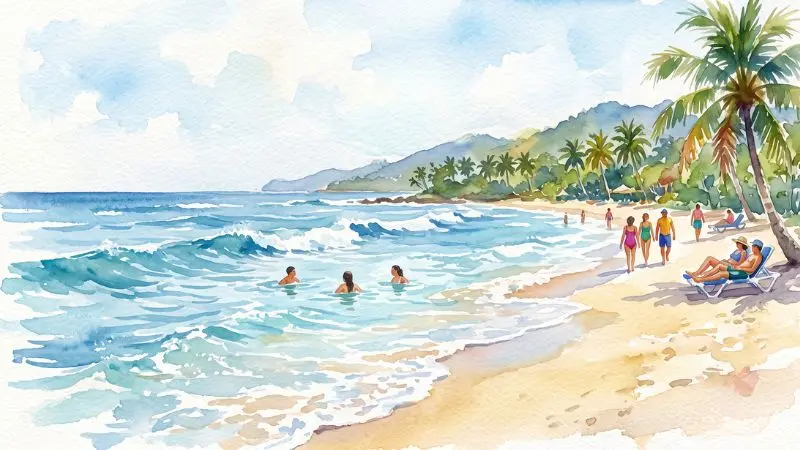 Una pintura artística en acuarela de una playa tropical de Honduras con suaves olas azules rompiendo en la orilla, palmeras y montañas en el fondo