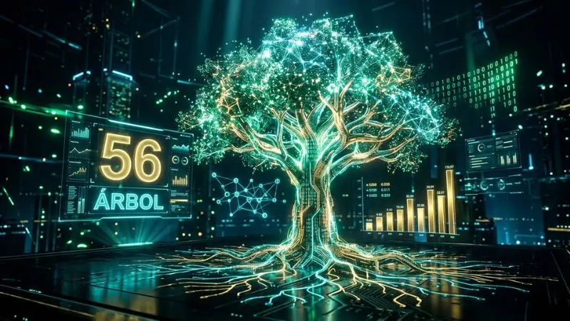 Representación digital en 3D y render 8K del número 56 en la diaria de Honduras con el símbolo del árbol hecho de luces holográficas verdes.