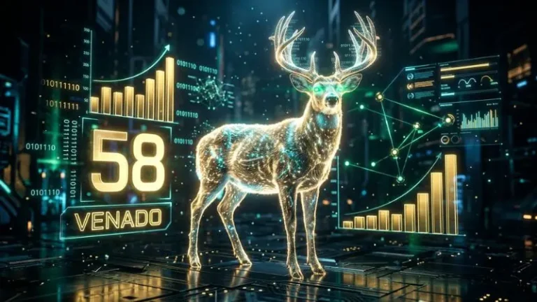 Representación digital en 3D del número 58 en la diaria con el símbolo del venado y gráficos estadísticos de fondo.