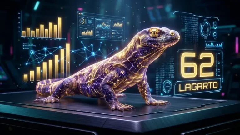 Render cinemático en 8K de una celda de datos holográfica con el número 62 en la diaria, gráficos de barras dorados y el símbolo oficial del lagarto.