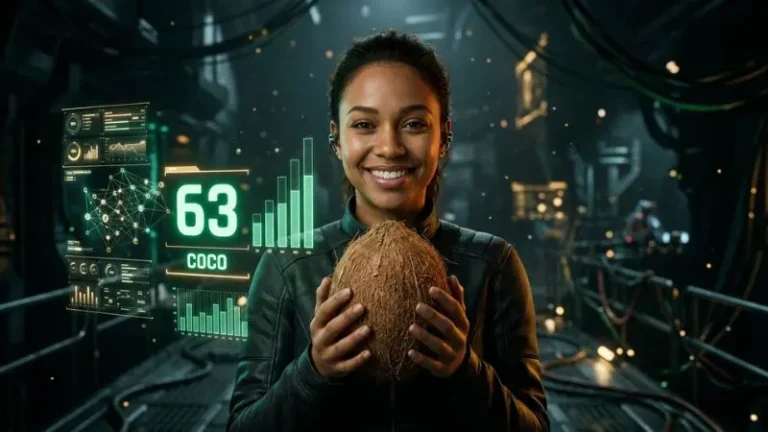 Persona sonriendo sosteniendo un coco con cáscara natural junto al número 63 en La Diaria e interfaz holográfica de datos.