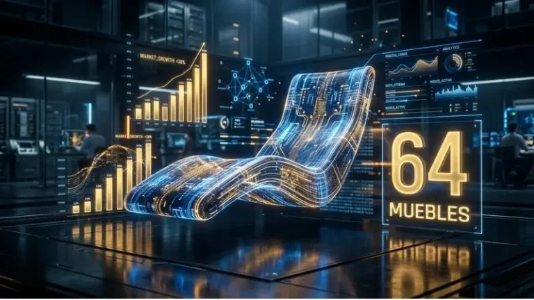 Representación digital holográfica en 3D del número 64 en la diaria con el símbolo oficial de Muebles y gráficos de tendencias estadísticas.
