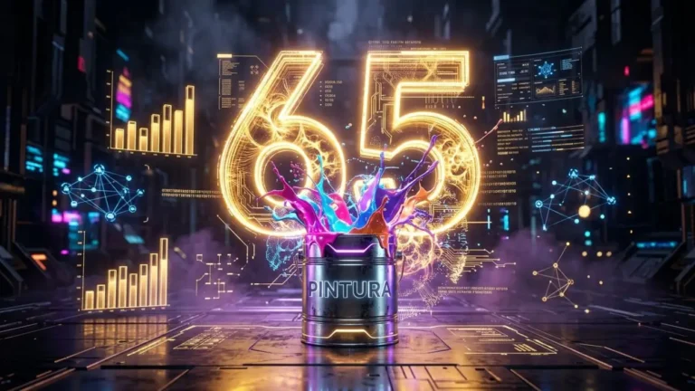 Render futurista en 8K del número 65 en la diaria junto a una lata de pintura luminosa con datos estadísticos.