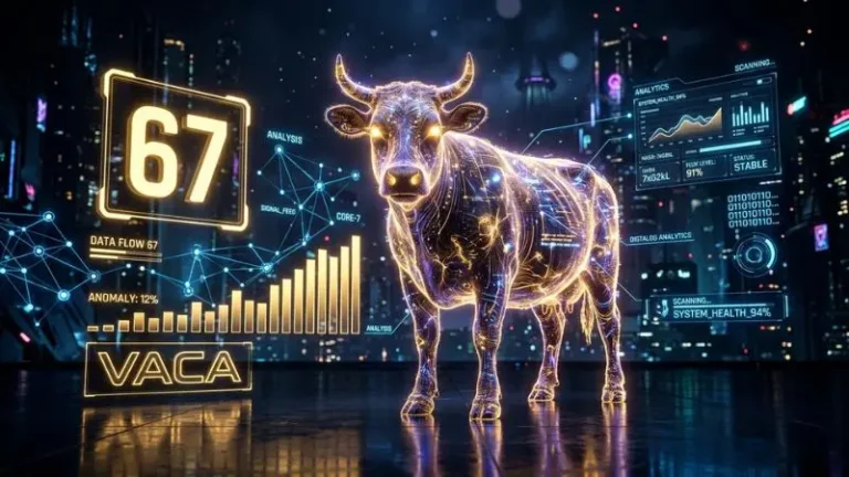 Representación digital futurista del número 67 en la diaria con el símbolo de la vaca y gráficos estadísticos brillantes.
