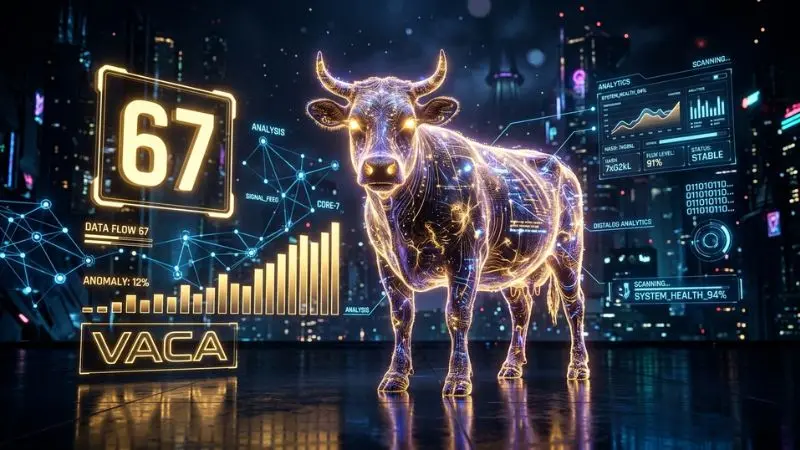 Representación digital futurista del número 67 en la diaria con el símbolo de la vaca y gráficos estadísticos brillantes.