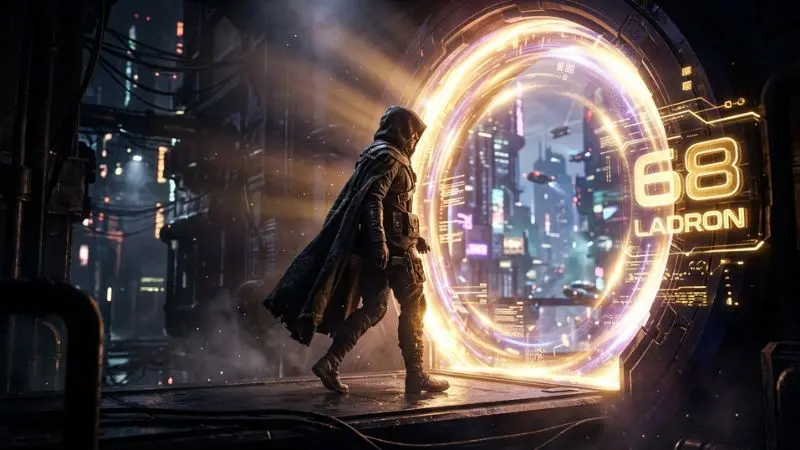 Rendición cinemática futurista del número 68 en La Diaria representado por la figura del Ladrón