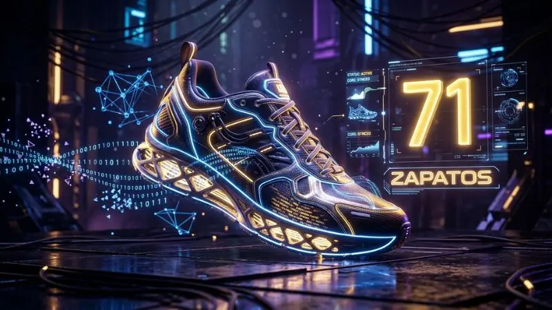 Ilustración digital futurista en alta definición del número 71 en la diaria con su símbolo de zapatos en un diseño tecnológico brillante.