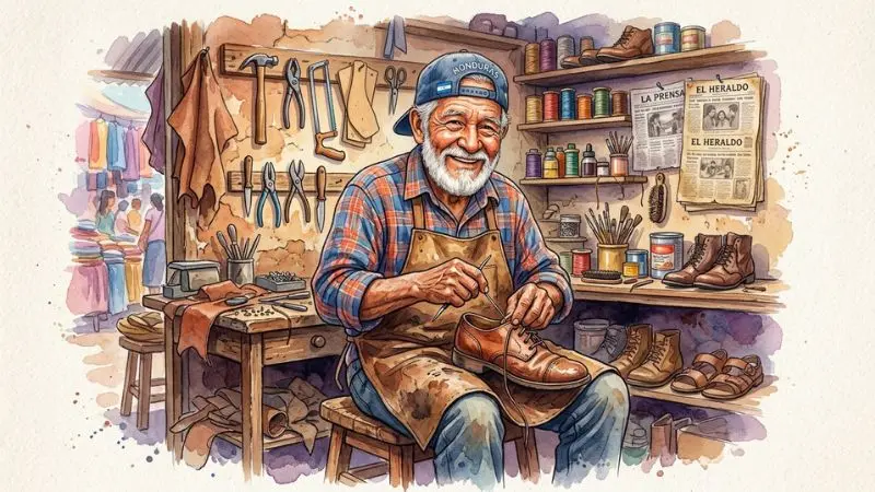 Ilustración estilo acuarela de Don Ernesto, un alegre zapatero hondureño en su taller del Mercado Los Dolores en Tegucigalpa.