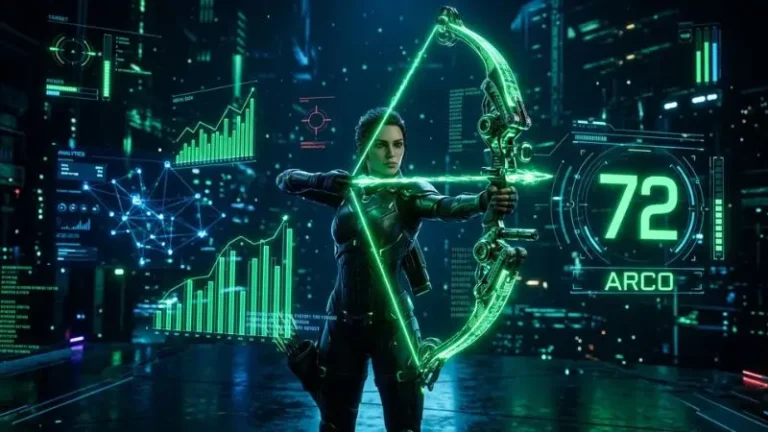 Representación digital futurista en 8K del número 72 en La Diaria con su símbolo oficial el Arco y analítica visual.