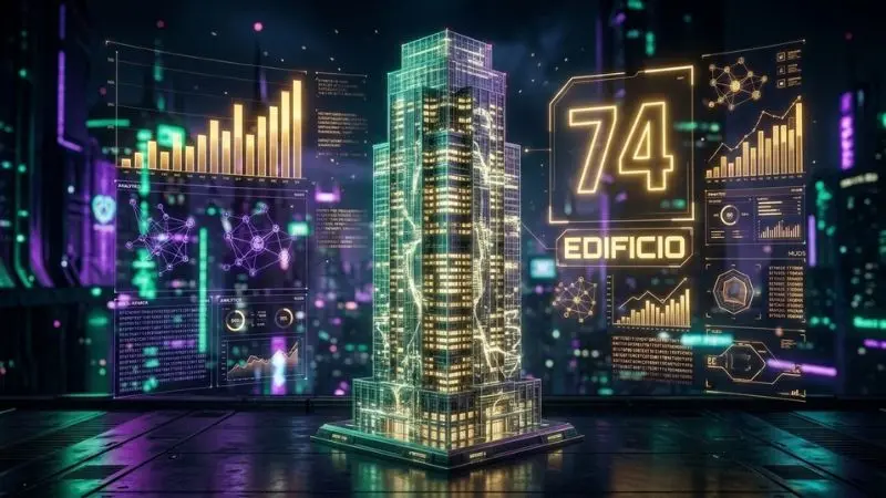Representación digital en render 3D del número 74 en La Diaria con su símbolo el Edificio e interfaz de datos estadísticos.