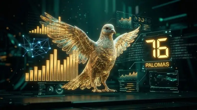 Render cinemático 8K futurista de palomas brillantes de datos con el número 76 en La Diaria.
