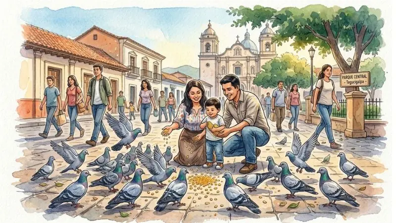 Pintura en acuarela de palomas en el Parque Central de Tegucigalpa, Honduras, para el 76 Palomas en La Diaria.