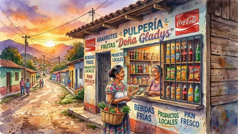 Pintura en acuarela de una pulpería tradicional hondureña al atardecer representando el 78 tienda en la diaria.