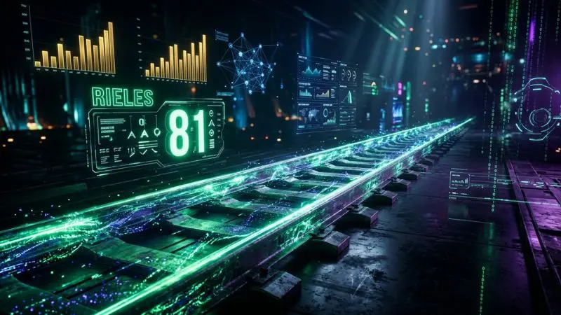 Visualización digital en 3D del número 81 en La Diaria con gráficos estadísticos y el símbolo Rieles.