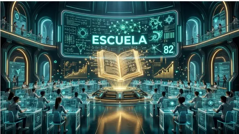 Representación digital holográfica en tonos teal del número 82 en la diaria con el símbolo oficial de la Escuela.