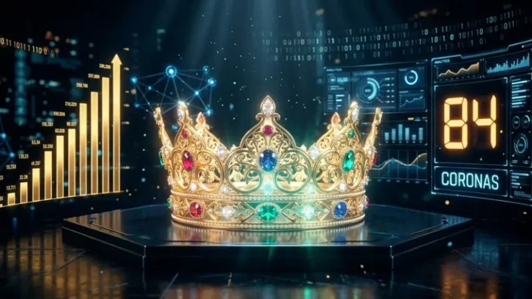 Ilustración digital cinematográfica del número 84 en La Diaria con el símbolo oficial de Coronas sobre gráficos estadísticos.