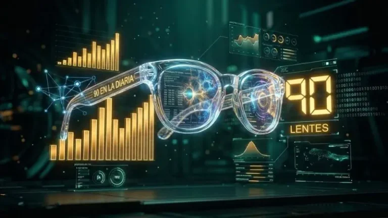 Render cibernético en 8K del número 90 en La Diaria con su símbolo de Lentes e interfaz de datos estadísticos