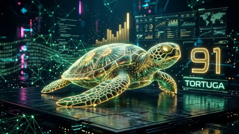 Gráfico digital y análisis estadístico del número 91 en la diaria con diseño futurista de tortuga marina.