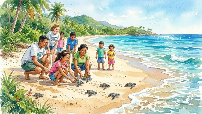 Pintura en acuarela de personas protegiendo tortugas marinas en una playa de Honduras, símbolo del 91 en la diaria.