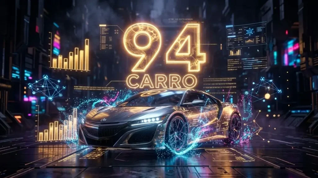 Render futurista en 8k del número 94 en la diaria con su símbolo del Carro y datos estadísticos