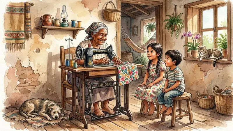 intura en acuarela de una abuela tejiendo en su casa junto a sus nietos, representando el 95 costurera en la diaria.