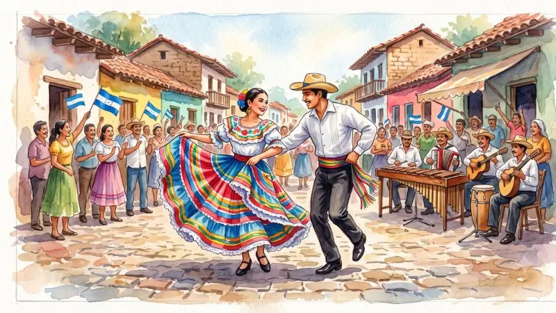 Pintura en acuarela de una pareja bailando danzas folclóricas tradicionales en un pueblo de Honduras para representar el 98 bailes en la diaria.