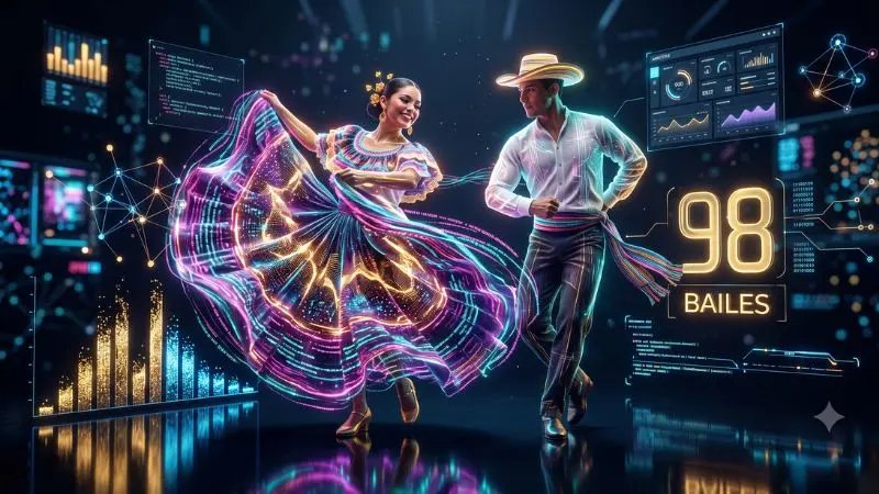 Gráficos de análisis estadístico futurista y holograma del número 98 en la diaria con su símbolo de bailes folclóricos hondureños