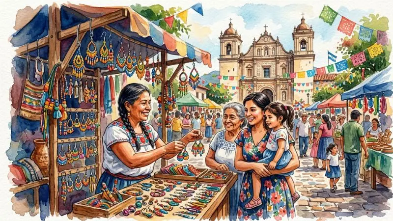 Pintura en acuarela de una feria patronal en Honduras donde personas compran artesanías y aretes en el parque central.