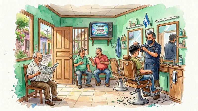 Ilustración en acuarela de una barbería típica de Honduras con clientes esperando mientras el barbero trabaja con una navaja.