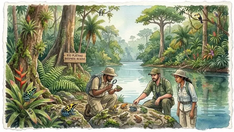 Pintura en acuarela de senderistas observando la biodiversidad de anfibios y el 24 Sapo en la diaria en el Río Plátano.