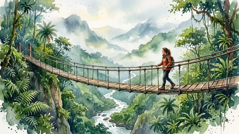 Pintura en acuarela de una mujer cruzando un puente de hamaca en un bosque nublado de Honduras, representando el 01 Pies en La Diaria.