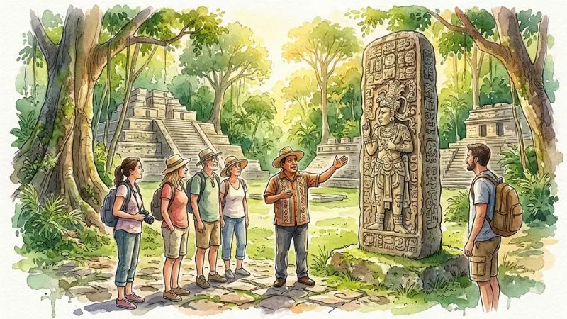 Ilustración en acuarela de turistas en Copán Ruinas observando la estela del rey 18 Conejo explicada por un guía