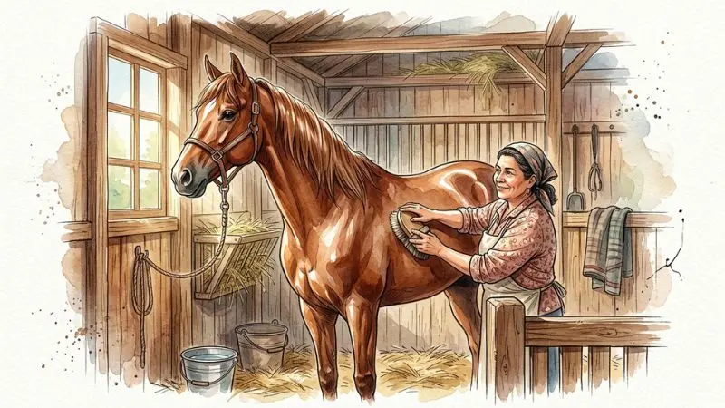 Ilustración en acuarela de un caballo catracho en un establo de Comayagua.