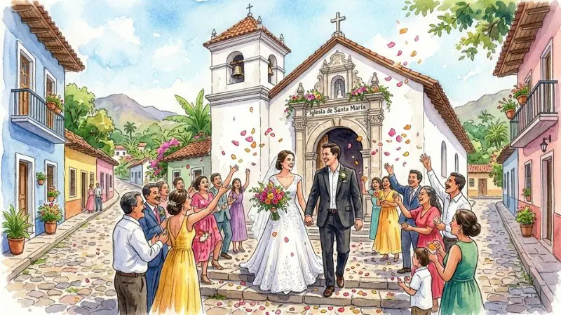 Pintura en acuarela de una boda tradicional en un pueblo de Honduras para ilustrar el 14 Boda en La Diaria