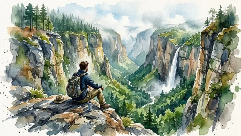 Pintura en acuarela de una persona contemplando el Salto del Ángel en Honduras, asociada al 18 Ángel en la diaria.
