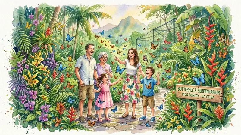 Pintura en acuarela de una familia interactuando con mariposas en el mariposario de Pico Bonito, relacionada con la perspectiva cultural del 19 en la diaria.
