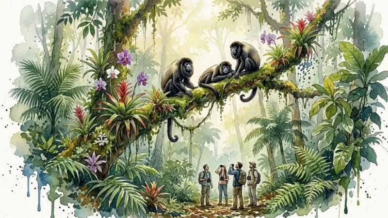 Pintura en acuarela de monos aulladores en un bosque nublado hondureño observados por ecoturistas, representando el 23 Mono en La Diaria.