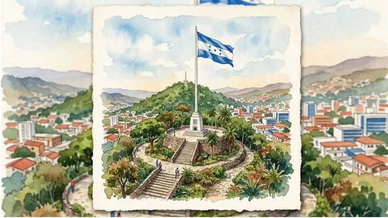 Una ilustración de acuarela tradicional y concisa del Monumento a la Bandera en el Cerro Juana Laínez en Tegucigalpa, Honduras, que representa el 26 en la diaria.