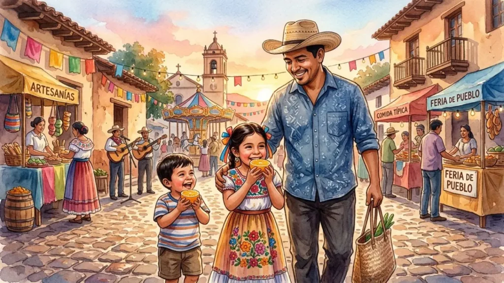 Ilustración en acuarela de un padre con sus hijos en una feria patronal representando el 29 Padre en la diaria