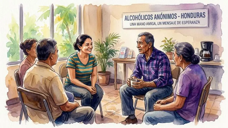 Pintura en acuarela de un grupo de apoyo de Alcohólicos Anónimos en Honduras, representando la responsabilidad social detrás del número 30.