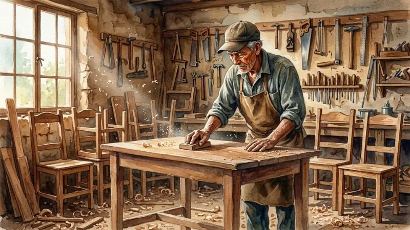 Pintura en acuarela de un carpintero tradicional fabricando muebles de madera en su taller en Honduras.