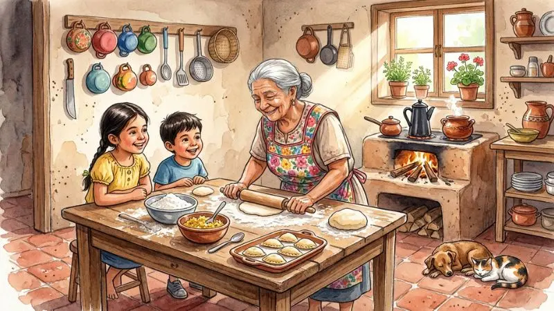 Pintura en acuarela de una abuela hondureña haciendo pastelitos de piña en una cocina tradicional para representar el 36 Viejita en la diaria.