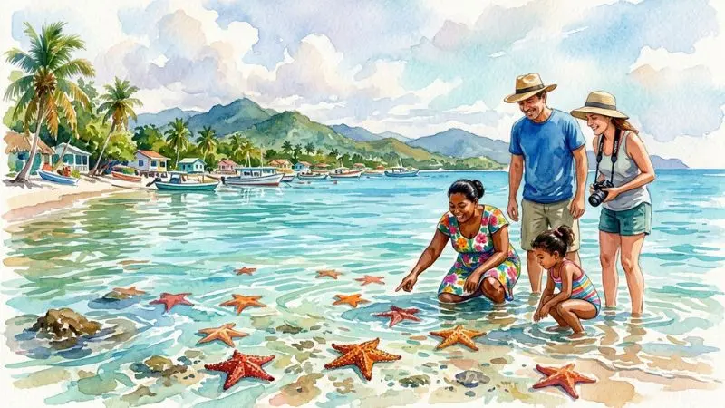 Pintura en acuarela de una familia observando estrellas de mar en Utila, Honduras, representando el símbolo de el 48 en la diaria.