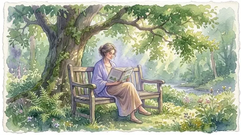 Pintura en acuarela de una persona leyendo bajo la sombra fresca de un árbol.